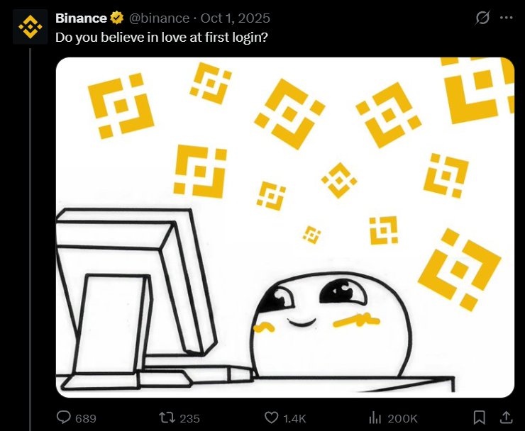 Binance 推文：Do you believe in love at first login?